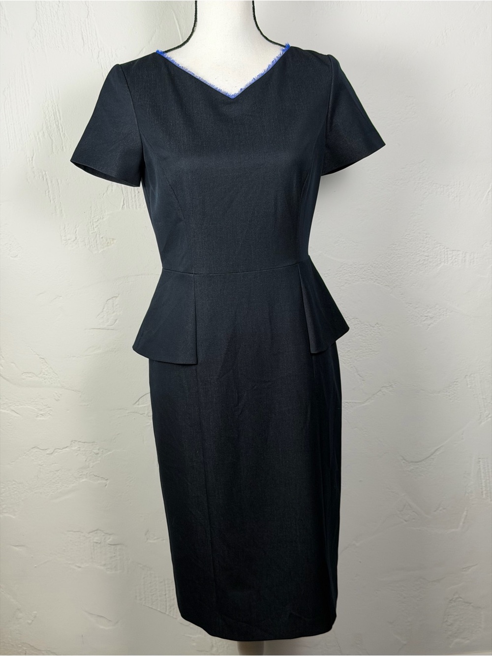 Elie Tahari Sybil Black with Blue Accents Peplum Midi Dress with V-Notch Neck 6